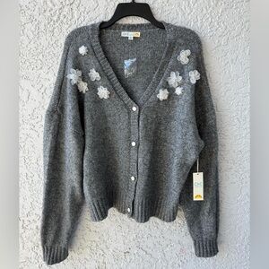 C&C California charcoal gray knit cardigan with floral appliques XL